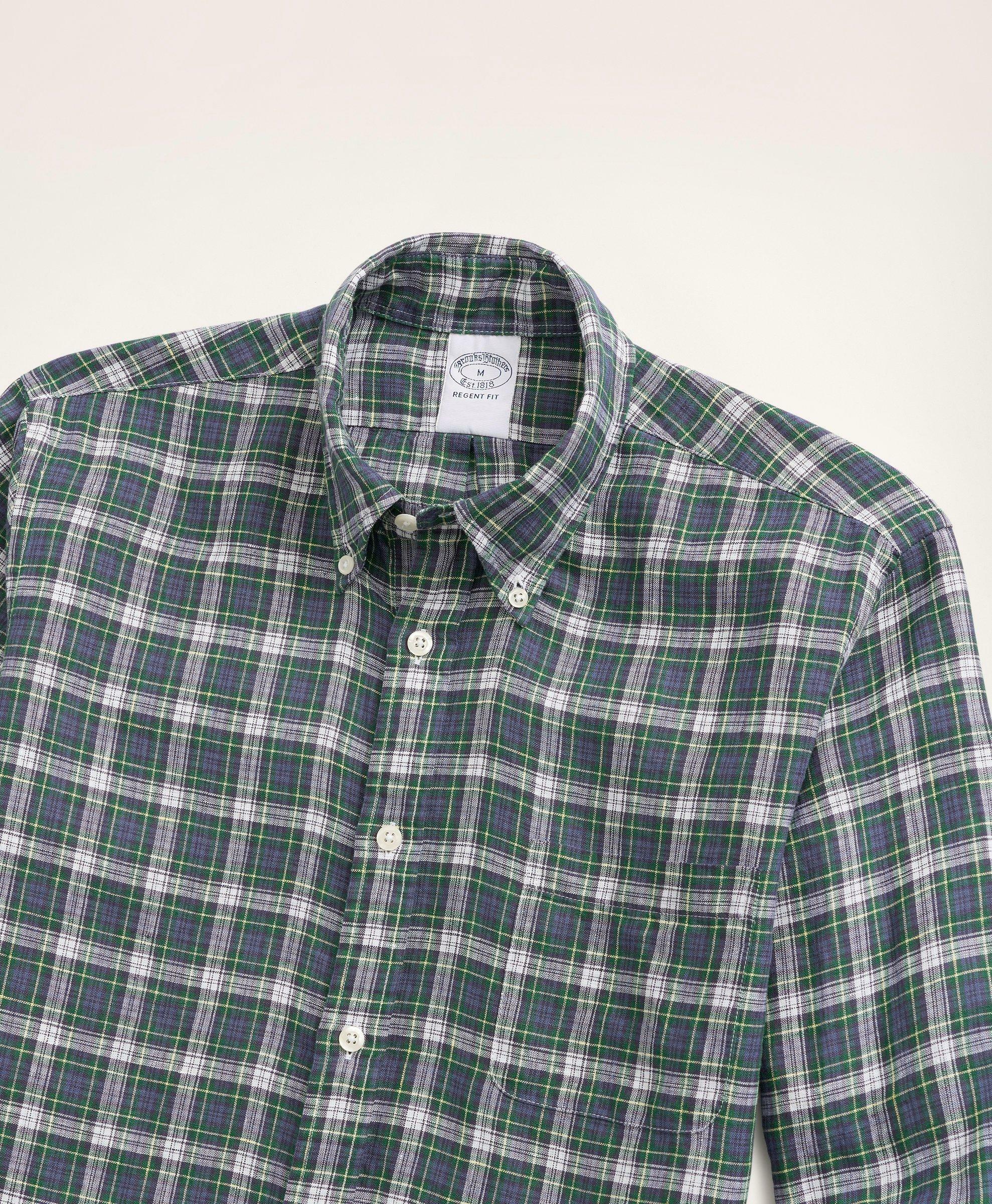 Brooks Brothers Men's Regent Regular-Fit Irish Linen Faded Tartan Shirt | White/Green/Navy