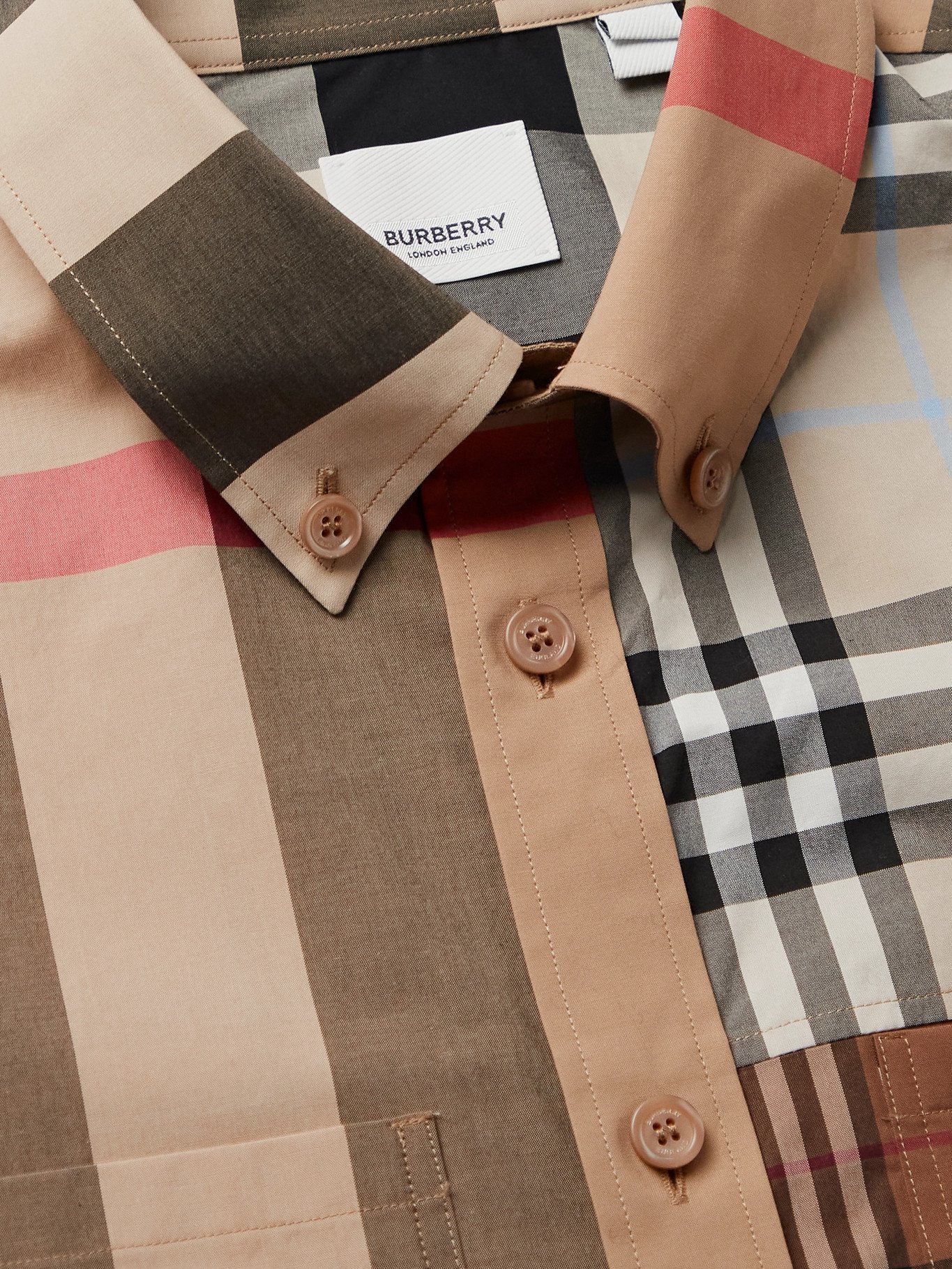 BURBERRY - Button-Down Collar Patchwork Checked Cotton-Poplin Shirt - Brown  Burberry