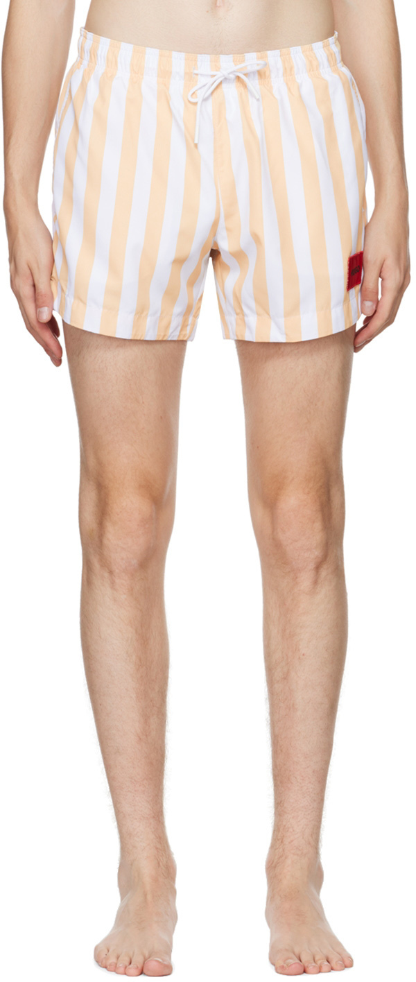 Hugo White & Yellow Striped Swim Shorts Hugo Boss