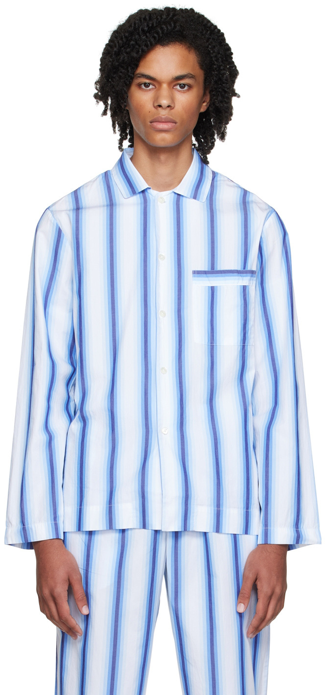 Tekla Blue Stripe Long Sleeve Pyjama Shirt Tekla Fabrics