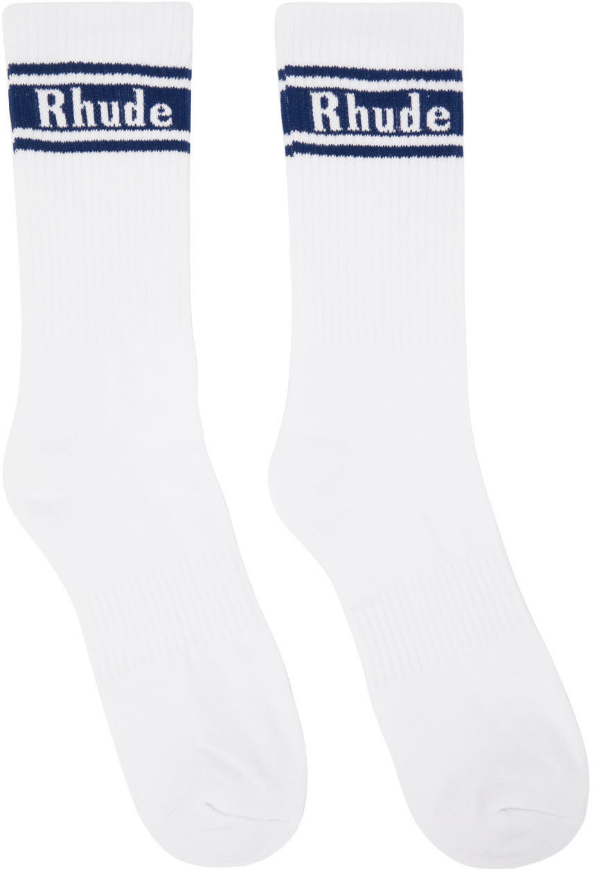 Rhude White & Navy Stripe Logo Socks Rhude