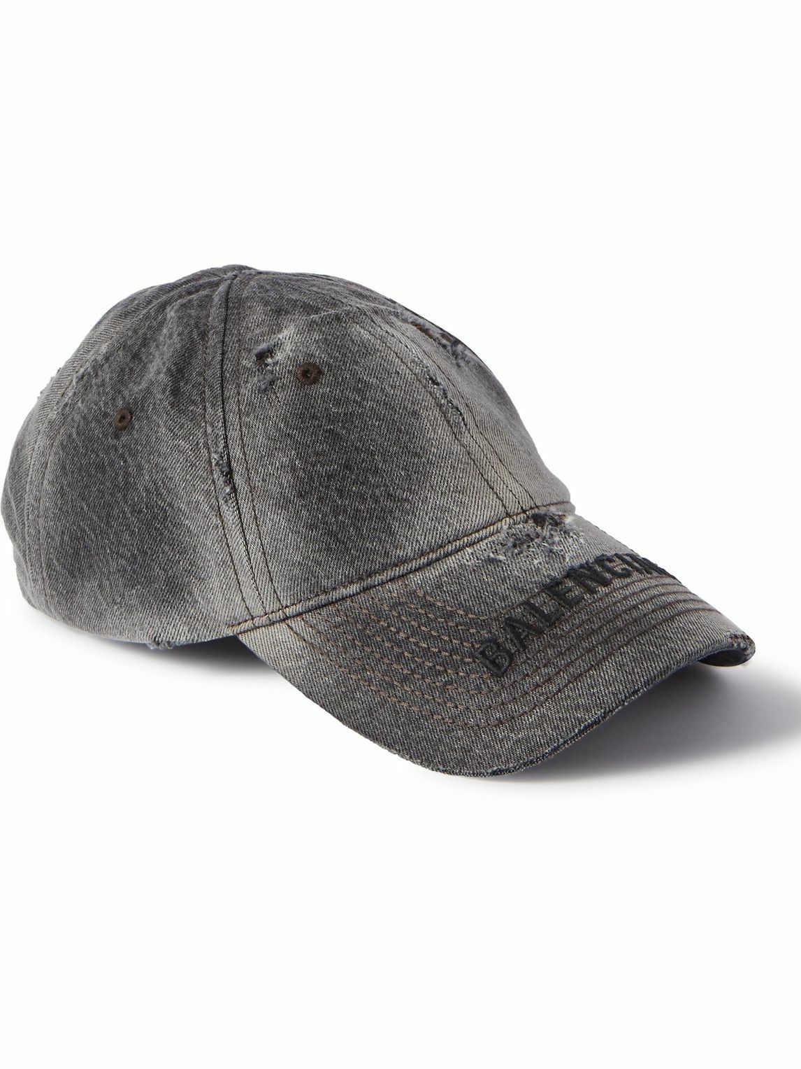 Photo: Balenciaga - Logo-Embroidered Distressed Denim Baseball Cap - Gray