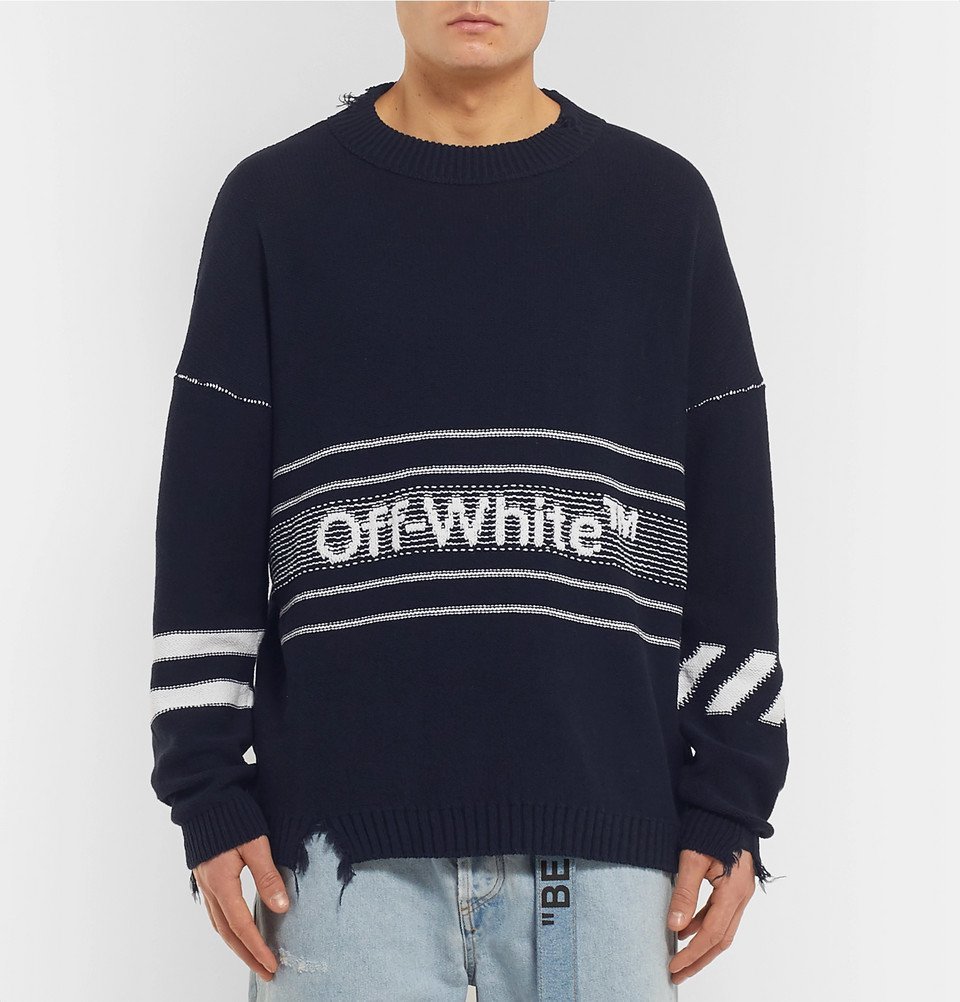 Distressed Logo-Intarsia Wool Sweater 