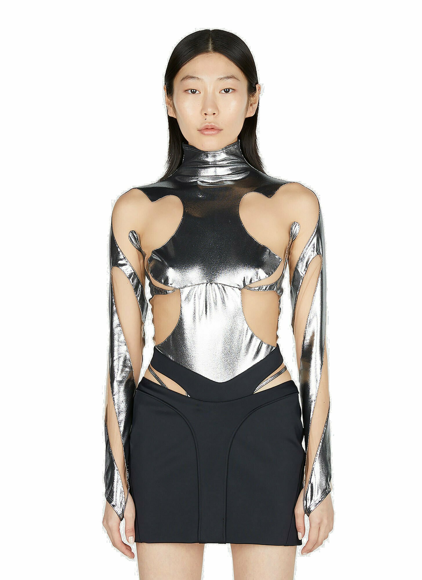 Mugler - Metallic Cut Out Illusion Bodysuit in Silver Mugler