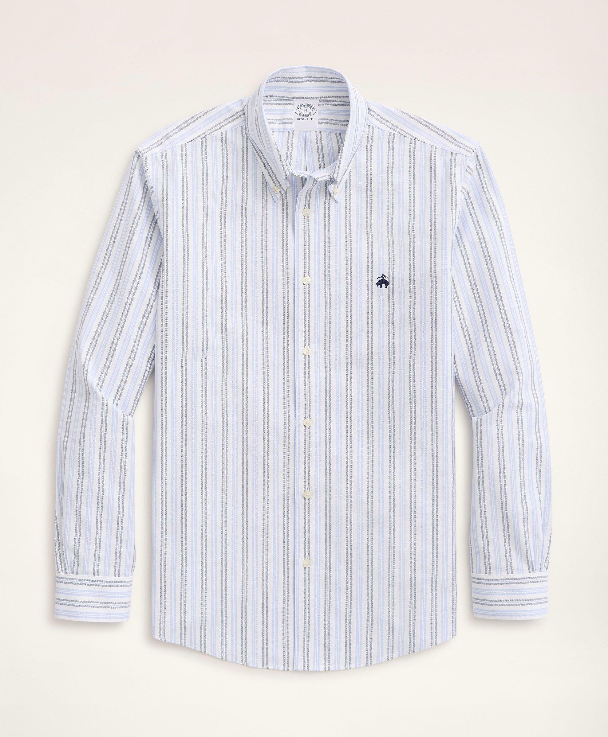 Brooks Brothers Men's Stretch Regent Regular-Fit Sport Shirt, Non-Iron Alternating Stripe Oxford | Blue