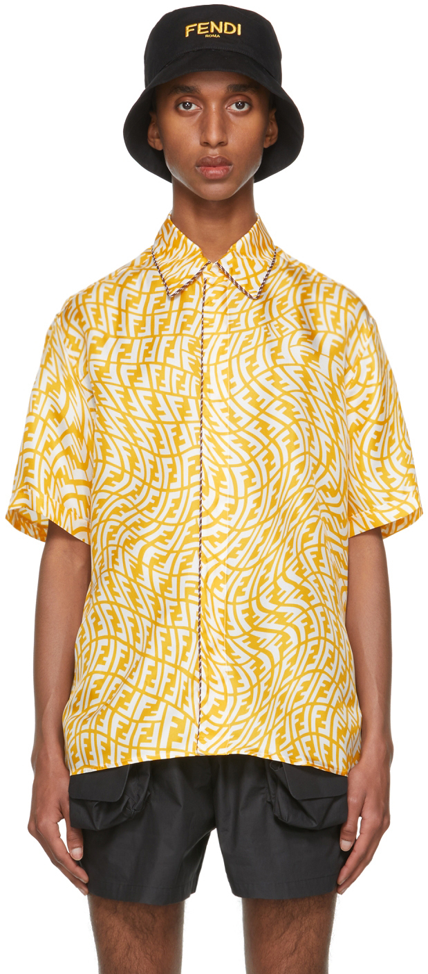 Fendi Yellow Silk FF Vertigo Short Sleeve Shirt Fendi