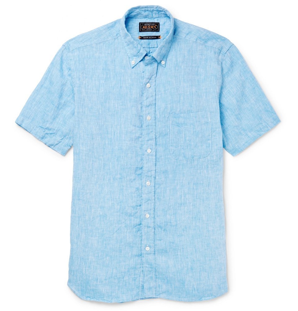 Beams Plus - Button-Down Collar Slub Linen Shirt - Men - Light blue ...