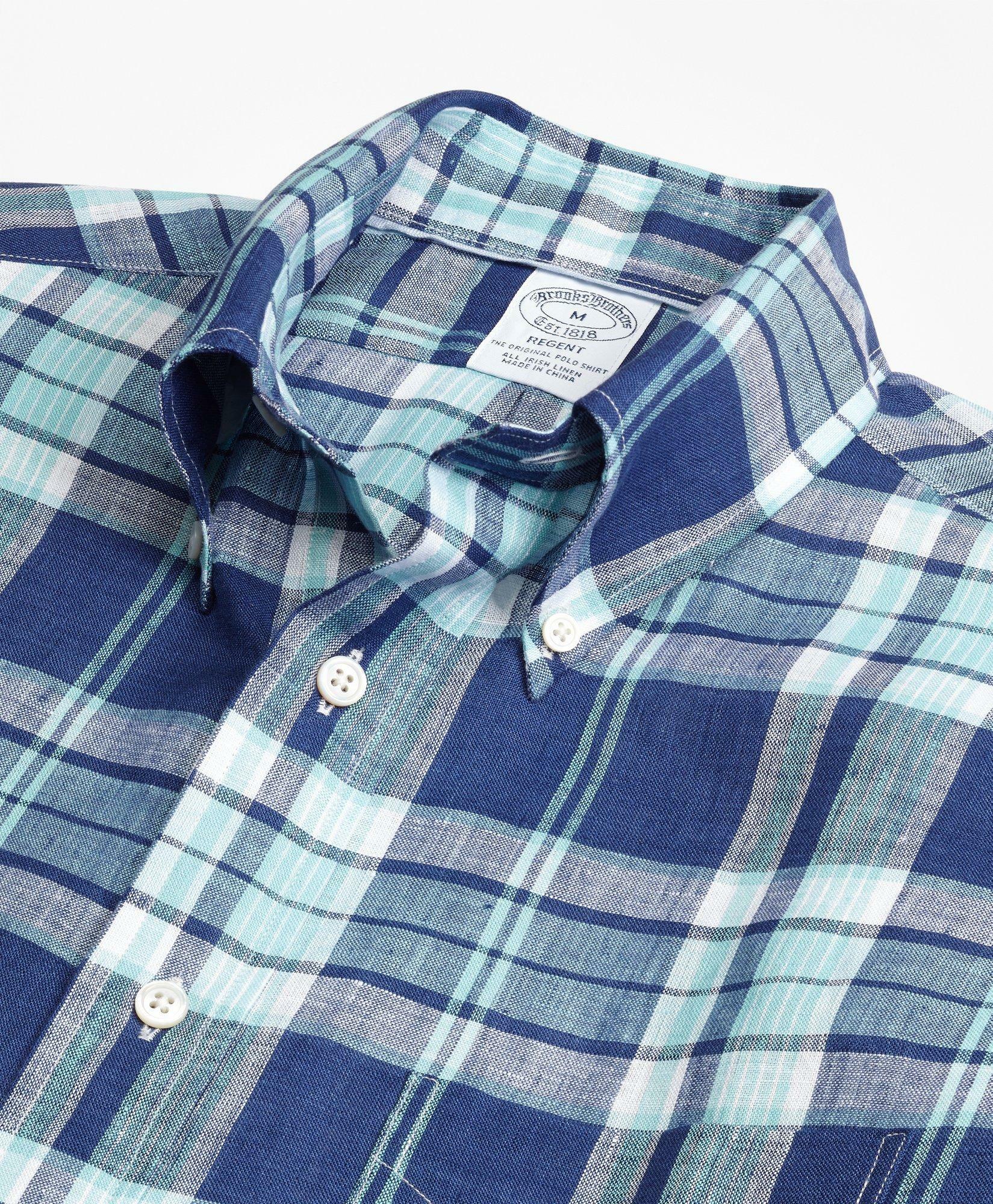 Brooks Brothers Men's Regent Regular-Fit Sport Shirt, Blue Plaid Irish Linen