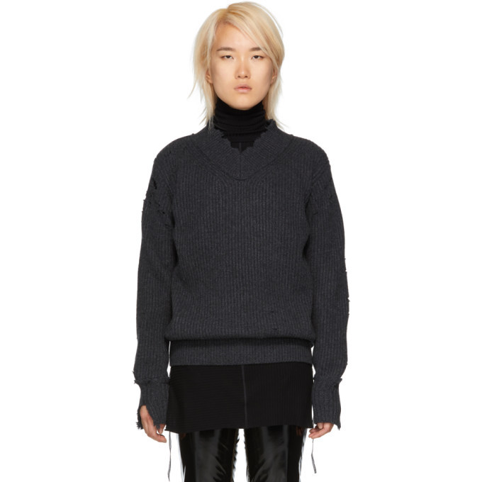 Helmut Lang Grey Distressed Lambswool V-Neck Sweater Helmut Lang