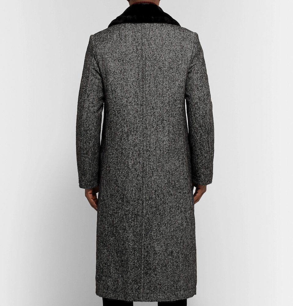 Dunhill - Double-Breasted Shearling-Trimmed Herringbone Wool-Blend Coat ...