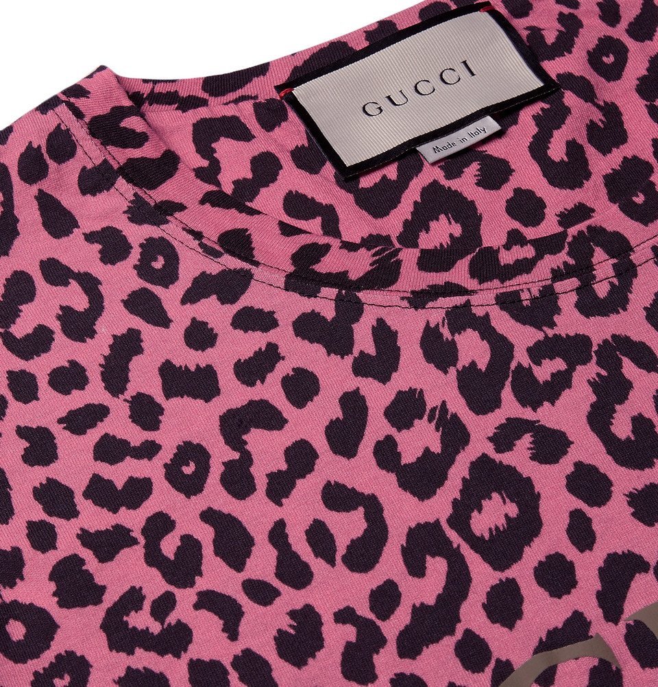 Gucci - Logo and Leopard-Print Cotton-Jersey T-Shirt - Men - Pink Gucci