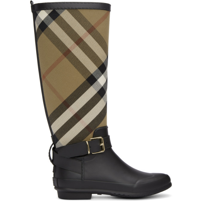 Burberry Black and Beige Check Rain Boots Burberry