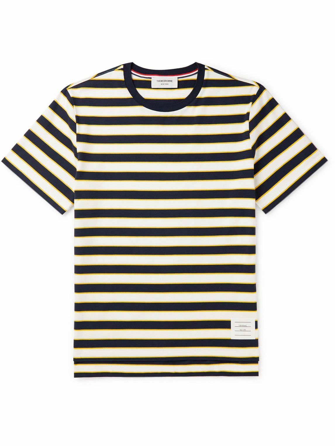 Photo: Thom Browne - Logo-Appliquéd Striped Cotton-Jersey T-Shirt - Blue