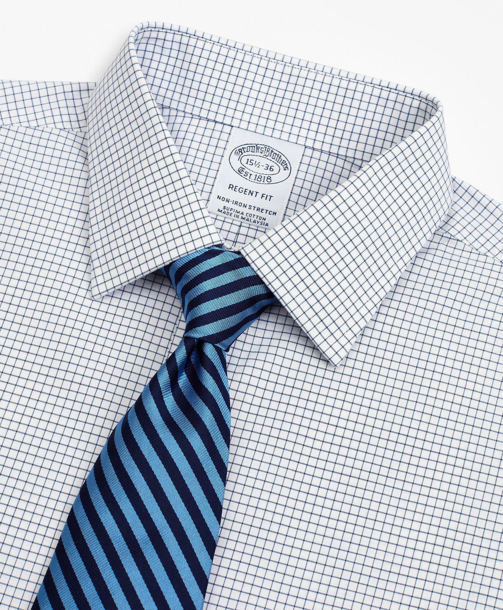 Brooks Brothers Men's Stretch Regent Regular-Fit Dress Shirt, Non-Iron Poplin Ainsley Collar Small Grid Check | Navy