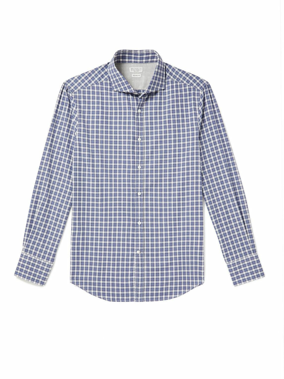 Brunello Cucinelli - Slim-Fit Cutaway-Collar Checked Cotton Shirt ...