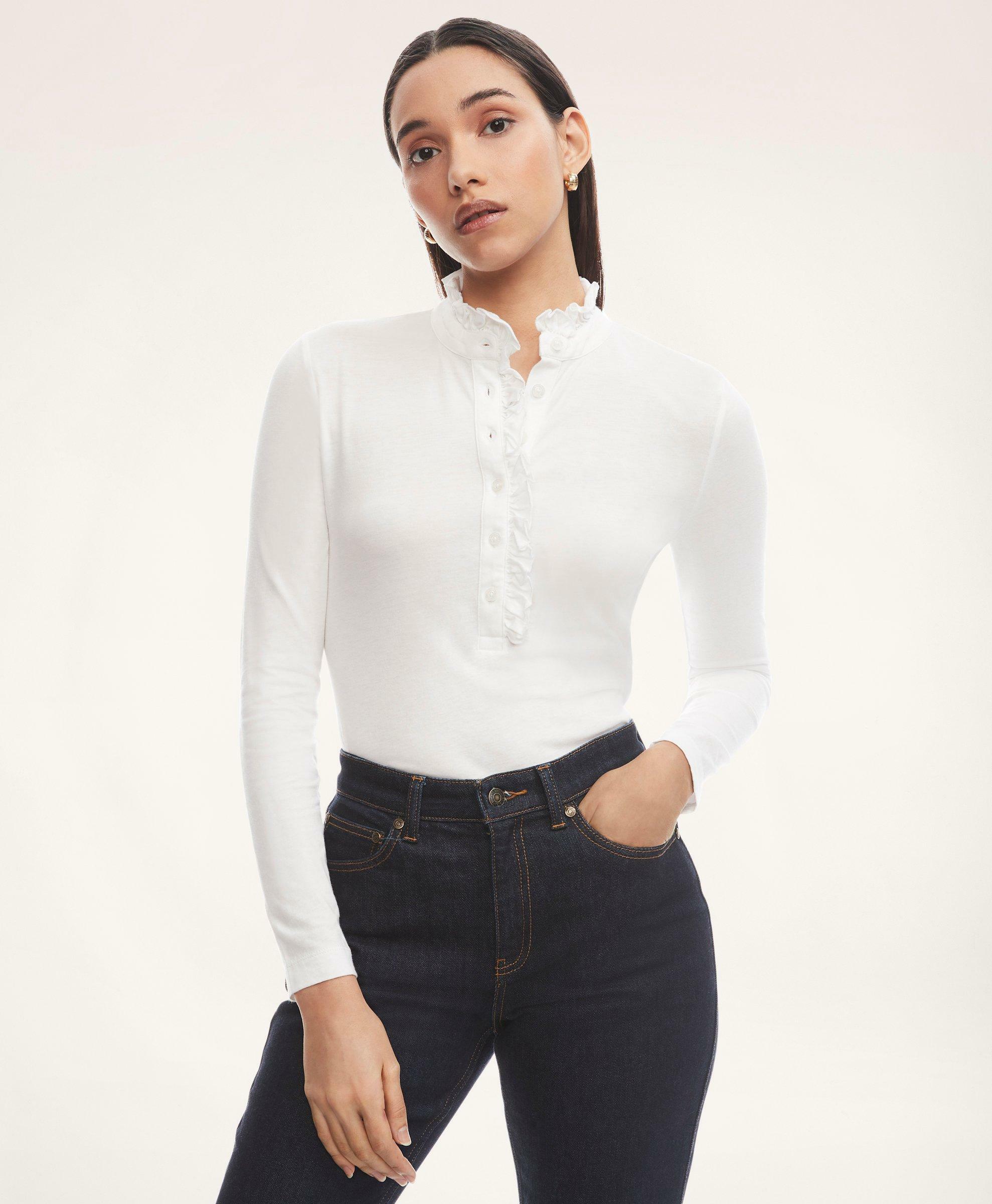 Brooks Brothers Women's Supima Cotton Ruffled Henley Shirt | White