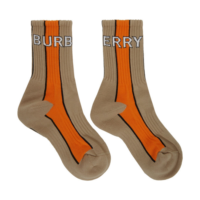 Burberry Beige and Orange Striped Logo Socks Burberry