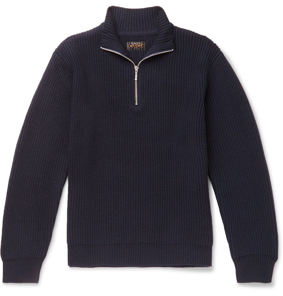 Beams Plus - Half-Zip Ribbed Wool-Blend Sweater - Men - Navy Beams Plus
