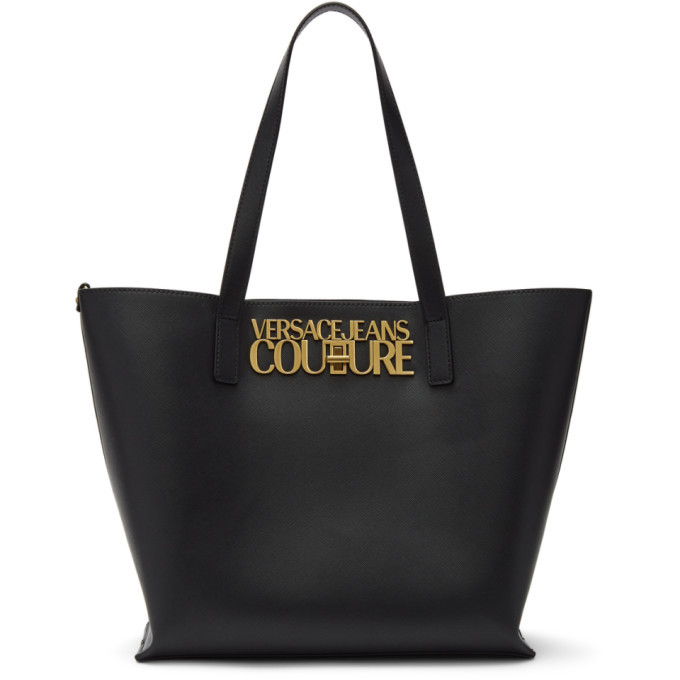 Versace Jeans Couture Black Saffiano Institutional Logo Shopping Tote ...