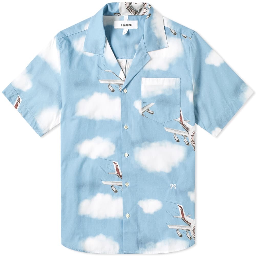 Soulland Short Sleeve Airplane Print Vacation Shirt Mother of Pearl