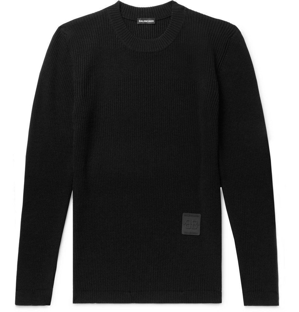 Balenciaga - Slim-Fit Logo-Appliquéd Ribbed Wool Sweater - Men - Black ...