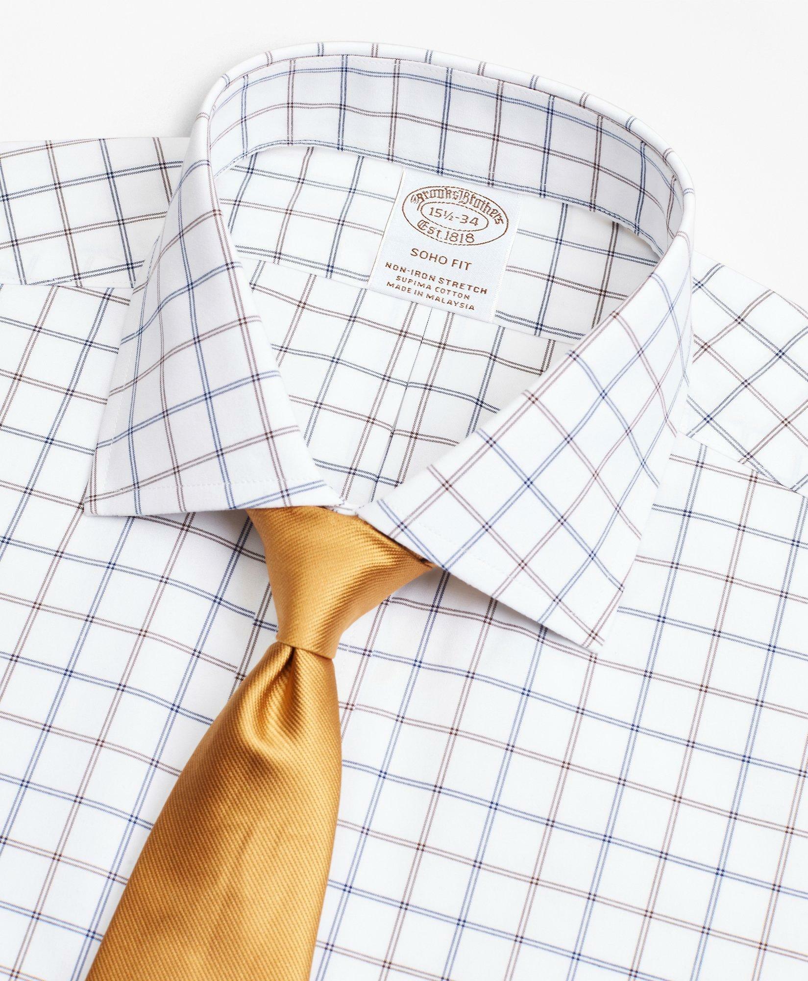 Brooks Brothers Men's Stretch Soho Extra-Slim-Fit Dress Shirt, Non-Iron Poplin English Collar Double-Grid Check | Brown