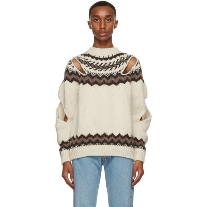 Stefan Cooke Off-White and Brown Wool Slashed Sweater Stefan Cooke