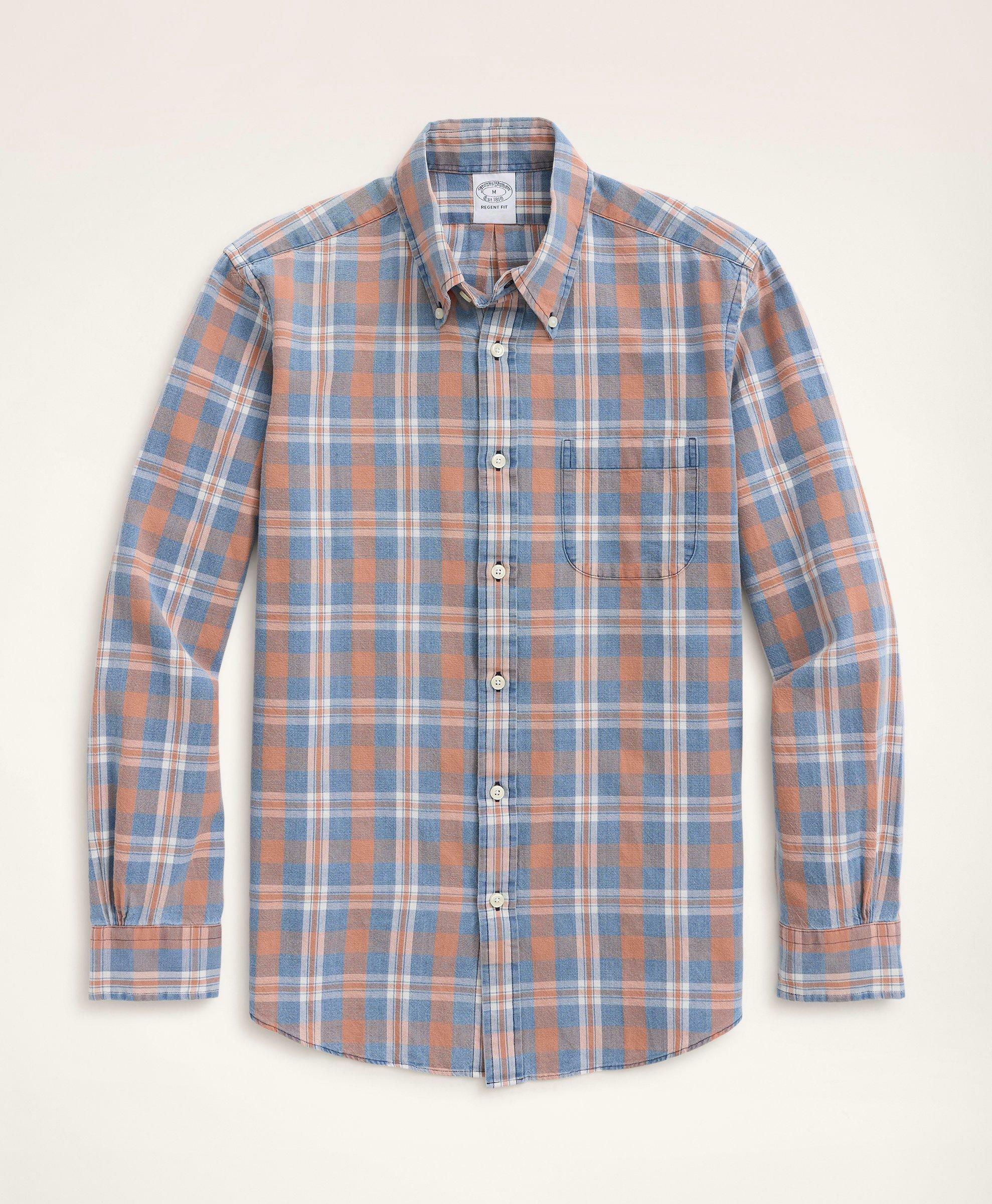 Brooks Brothers Men's Regent Regular-Fit Oxford Sport Shirt, Plaid Weave | Indigo/Coral
