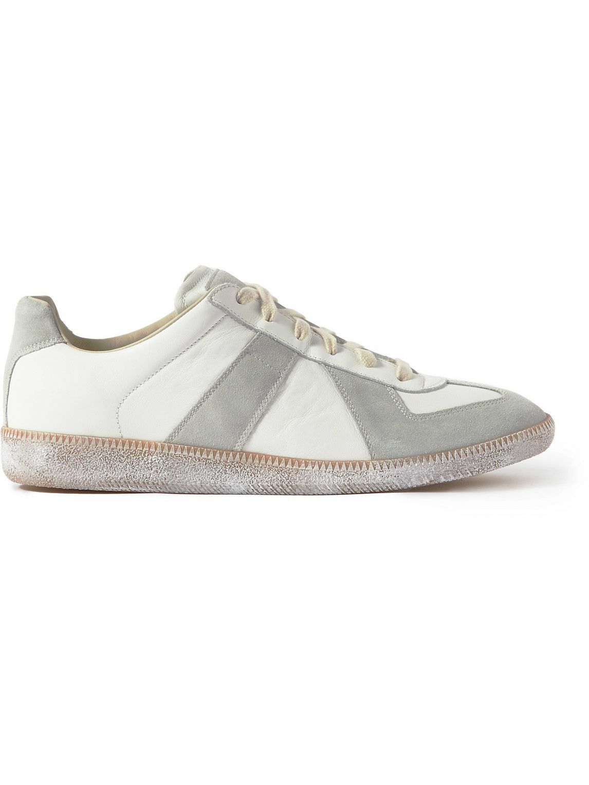 Photo: Maison Margiela - Replica Distressed Leather and Suede Sneakers - White