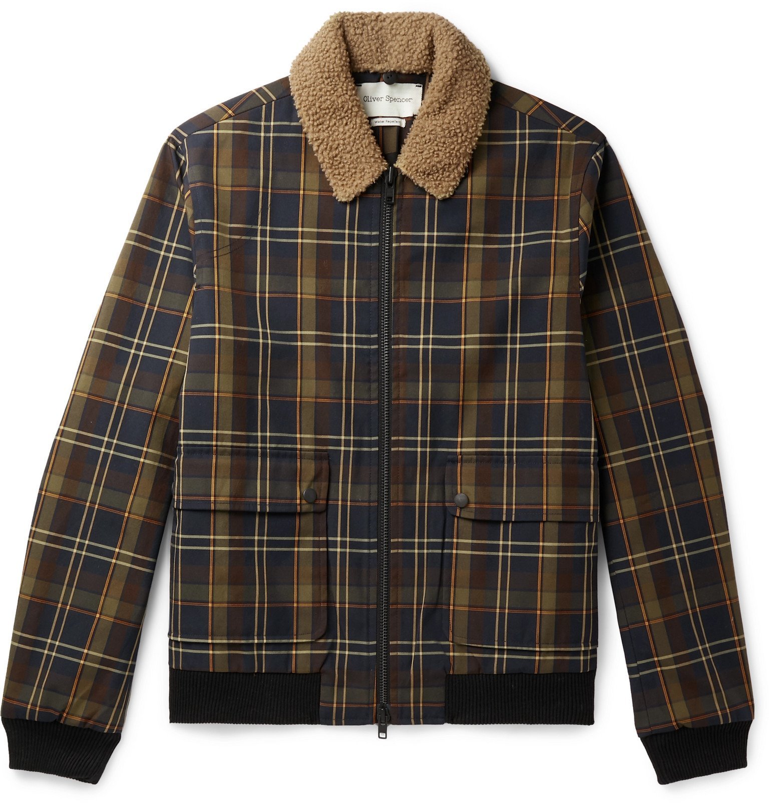 Photo: Oliver Spencer - Bermondsey Shearling-Trimmed Checked Twill Bomber Jacket - Blue