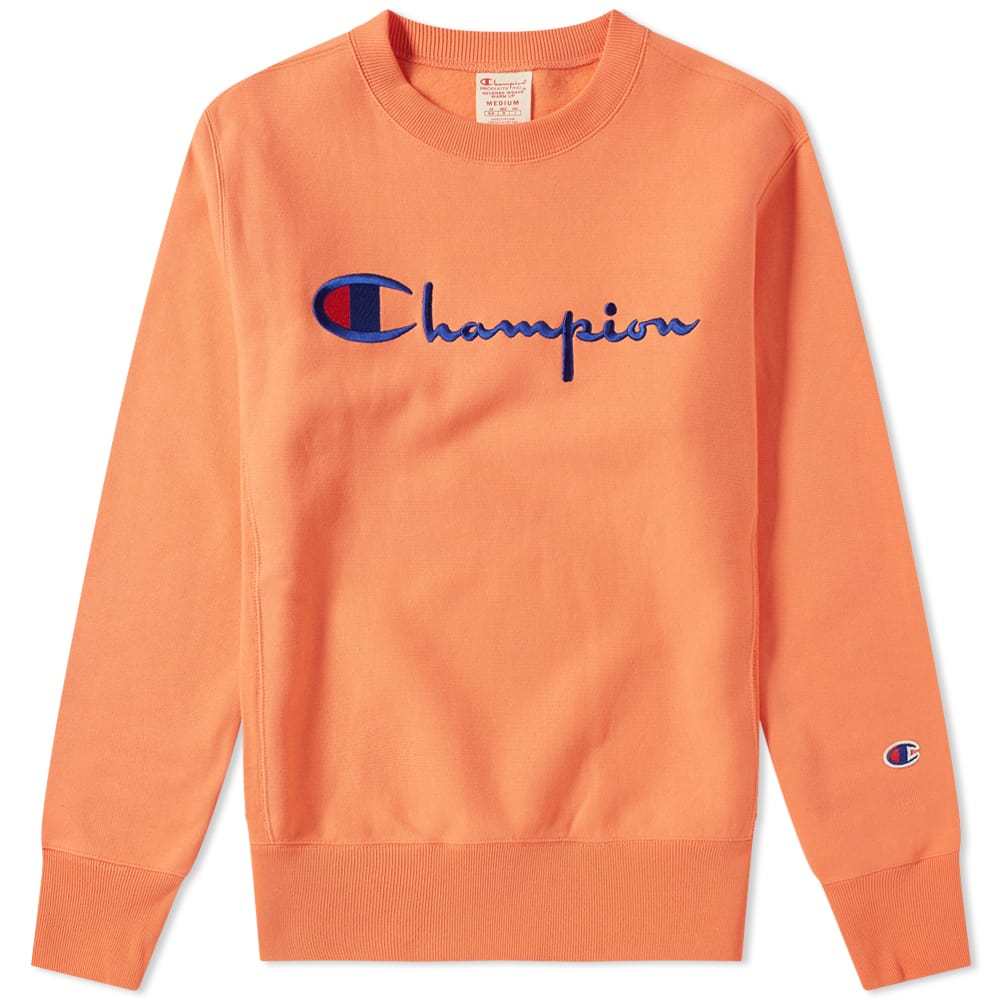 Champion Reverse Weave Script Logo Crew Sweat Peach Champion Reverse Weave