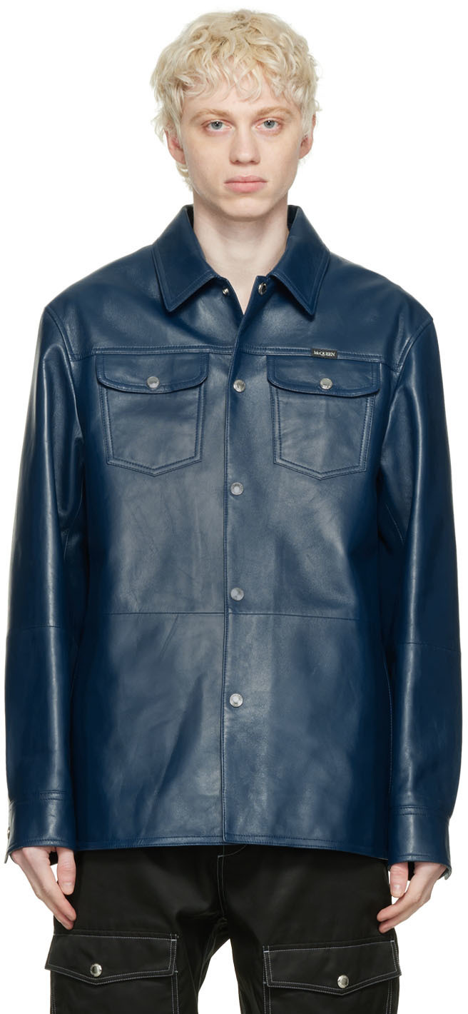 Alexander McQueen Blue Paneled Leather Jacket Alexander McQueen