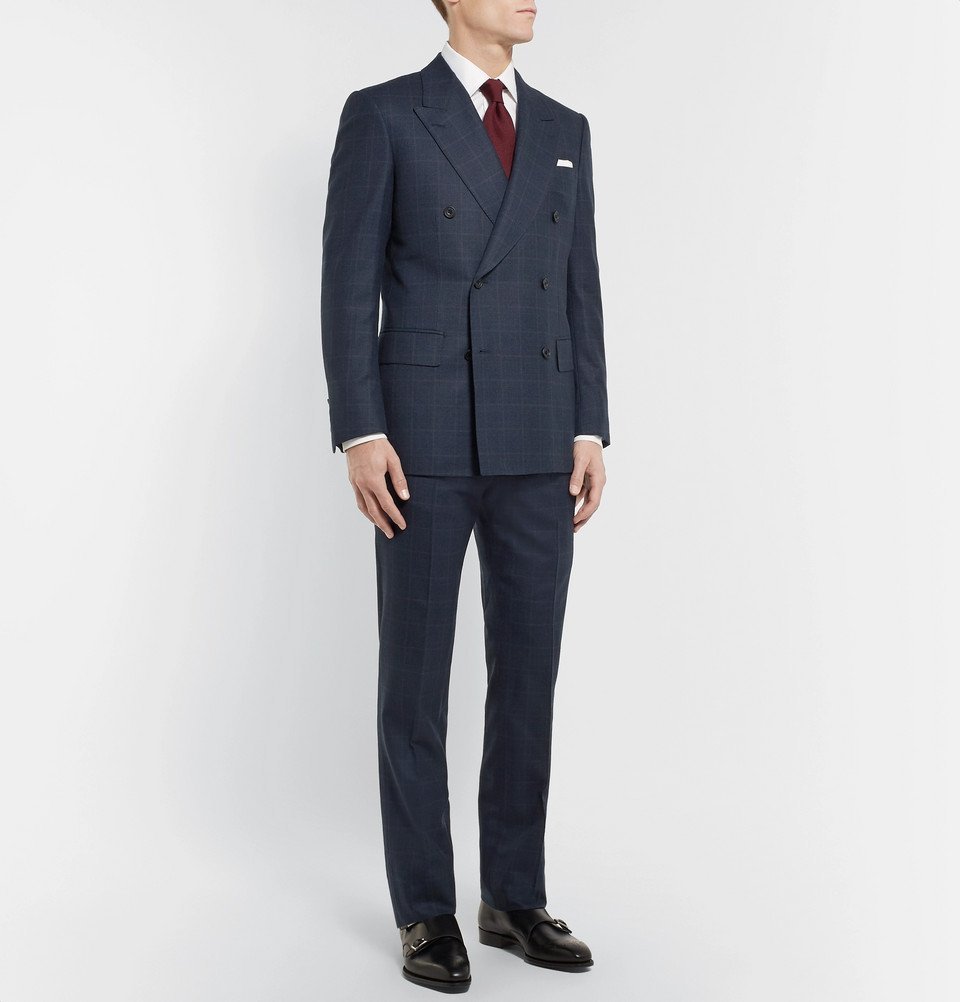 Kingsman - Navy Double-Breasted Prince of Wales Checked Wool Suit ...