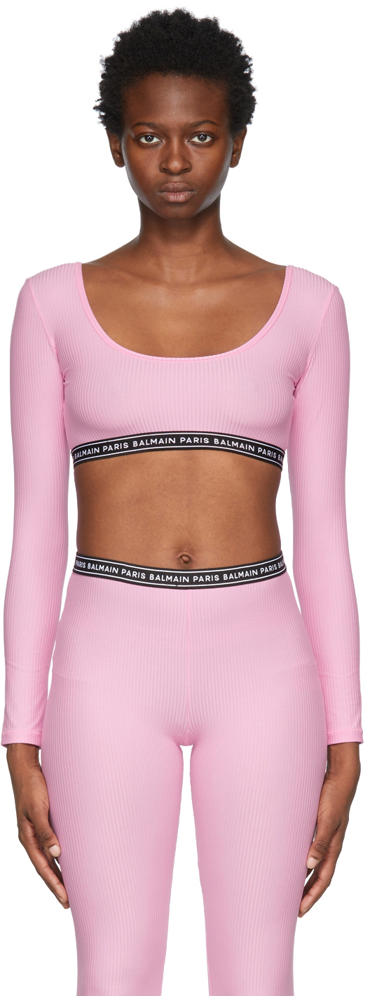 Balmain Pink Rib Knit Logo Cropped Long Sleeve T-Shirt Balmain