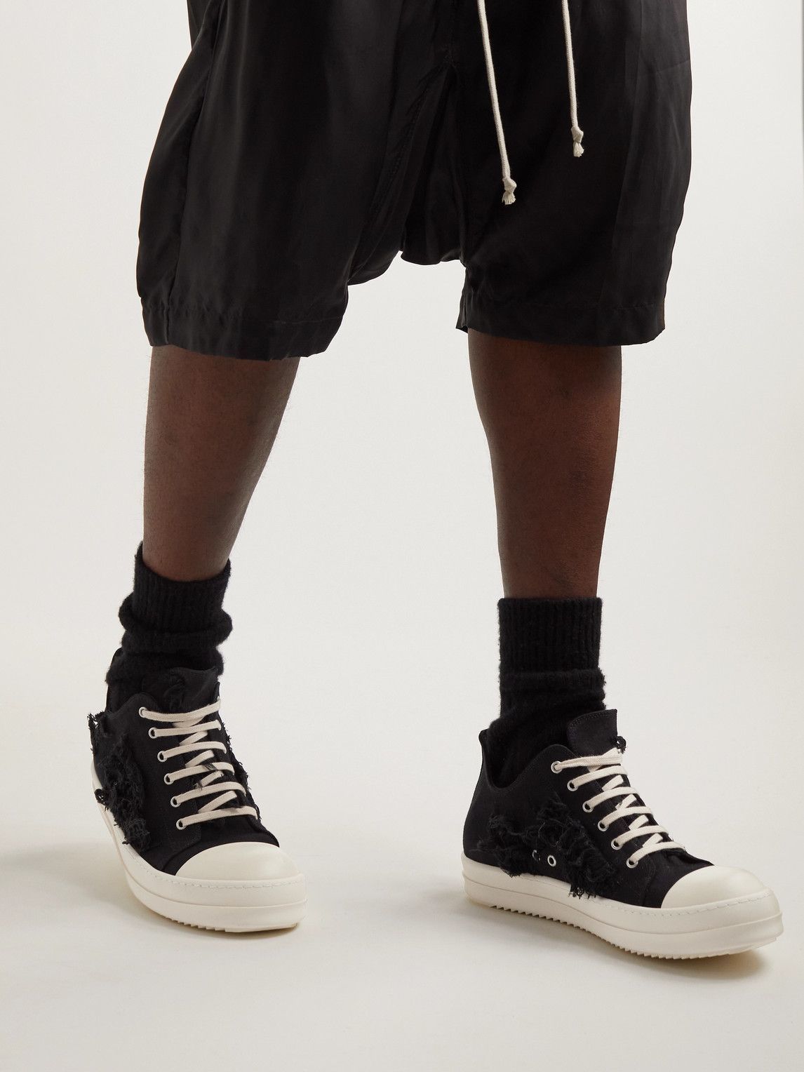 Rick Owens - Distressed Twill Sneakers - Black