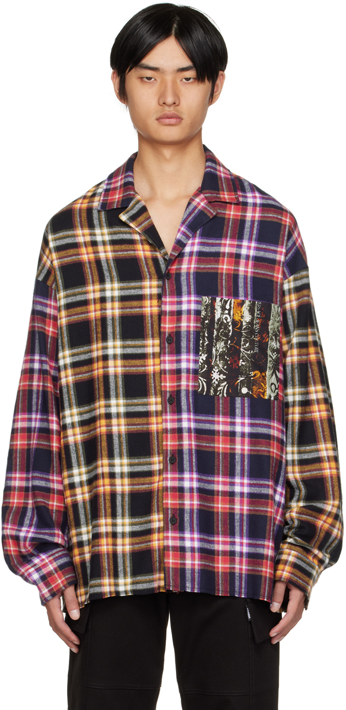 Photo: Versace Jeans Couture Navy Stripes Tapestry Plaid Shirt
