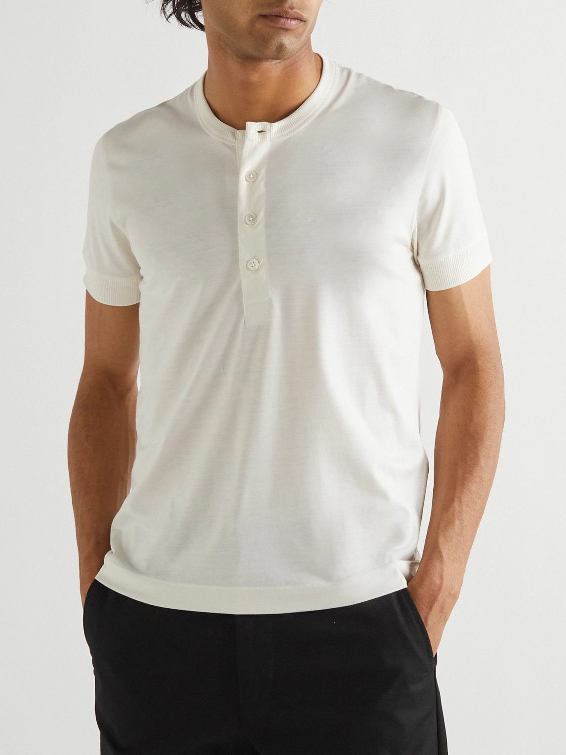 TOM FORD - Silk and Cotton-Blend Jersey Henley T-Shirt - White TOM FORD