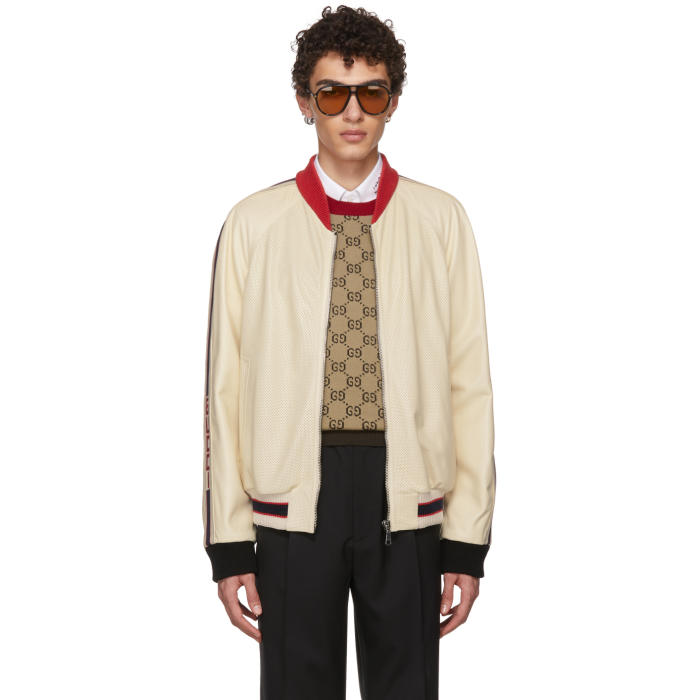 Gucci White Perforated Leather Bomber Jacket Gucci
