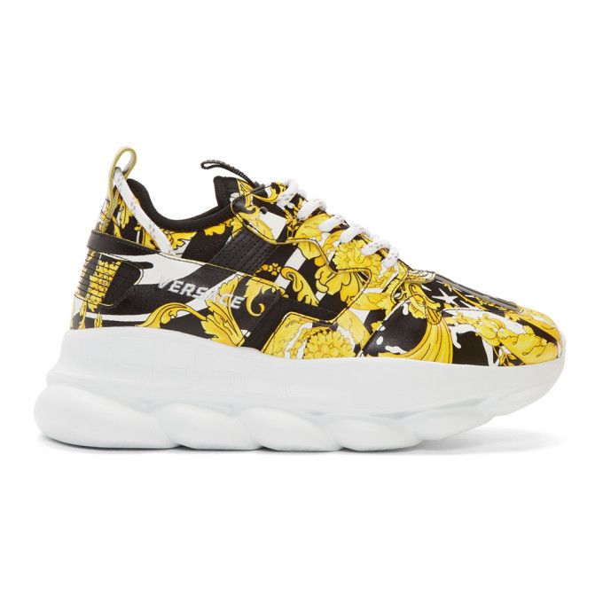Versace Yellow and Black Barocco Chain Reaction Sneakers Versace