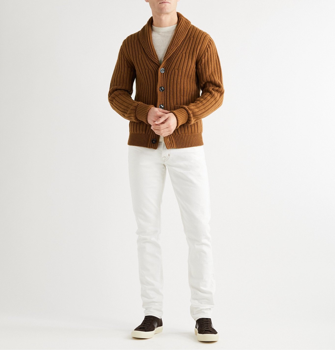 TOM FORD - Shawl-Collar Ribbed Cashmere Cardigan - Brown TOM FORD