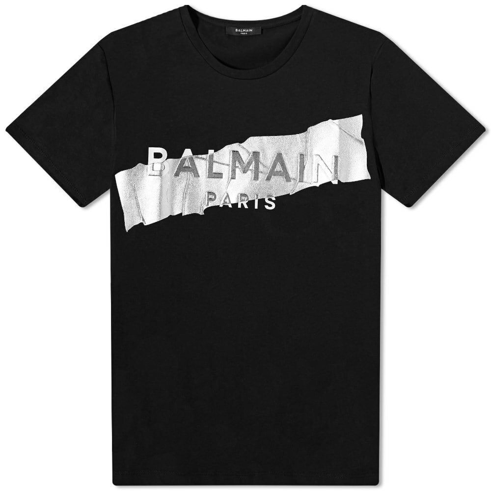 Photo: Balmain Men's Foil Tape T-Shirt in Noir/Blanc/Argent