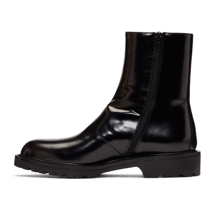 black patent zip front boots