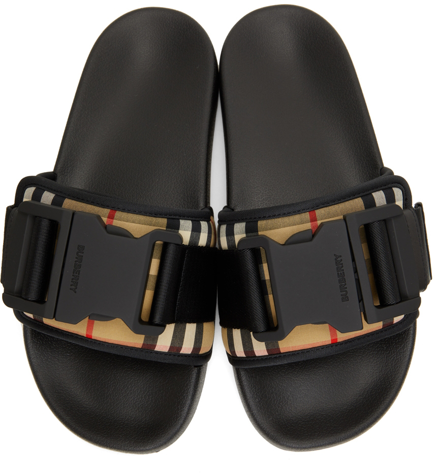 Burberry Beige & Black Buckled Strap Slides Burberry