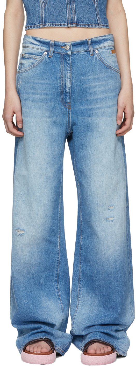 MSGM Blue Marbled Denim Wide-Leg Jeans MSGM
