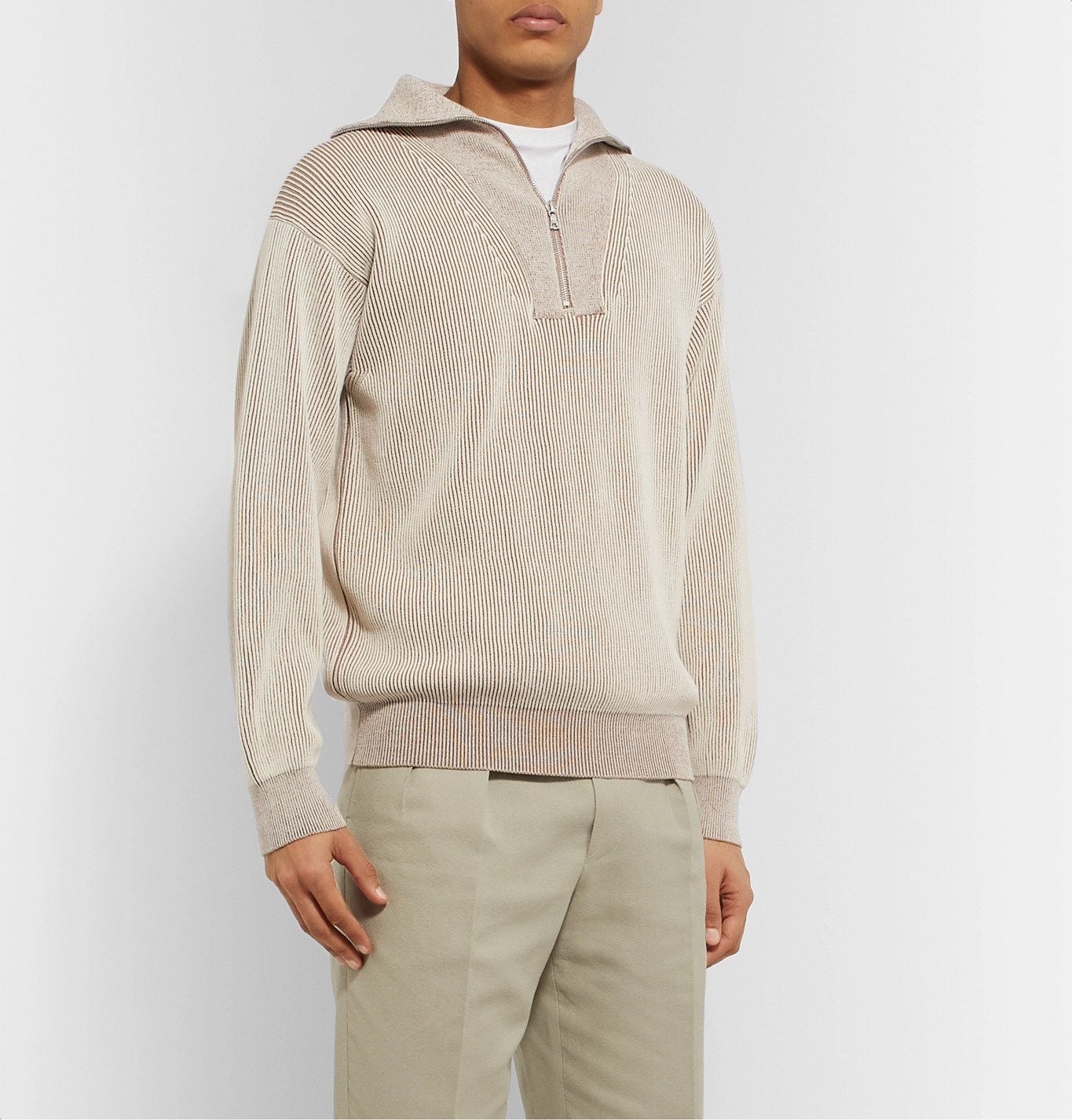 Ribbed Striped Cotton Half-Zip Sweater 