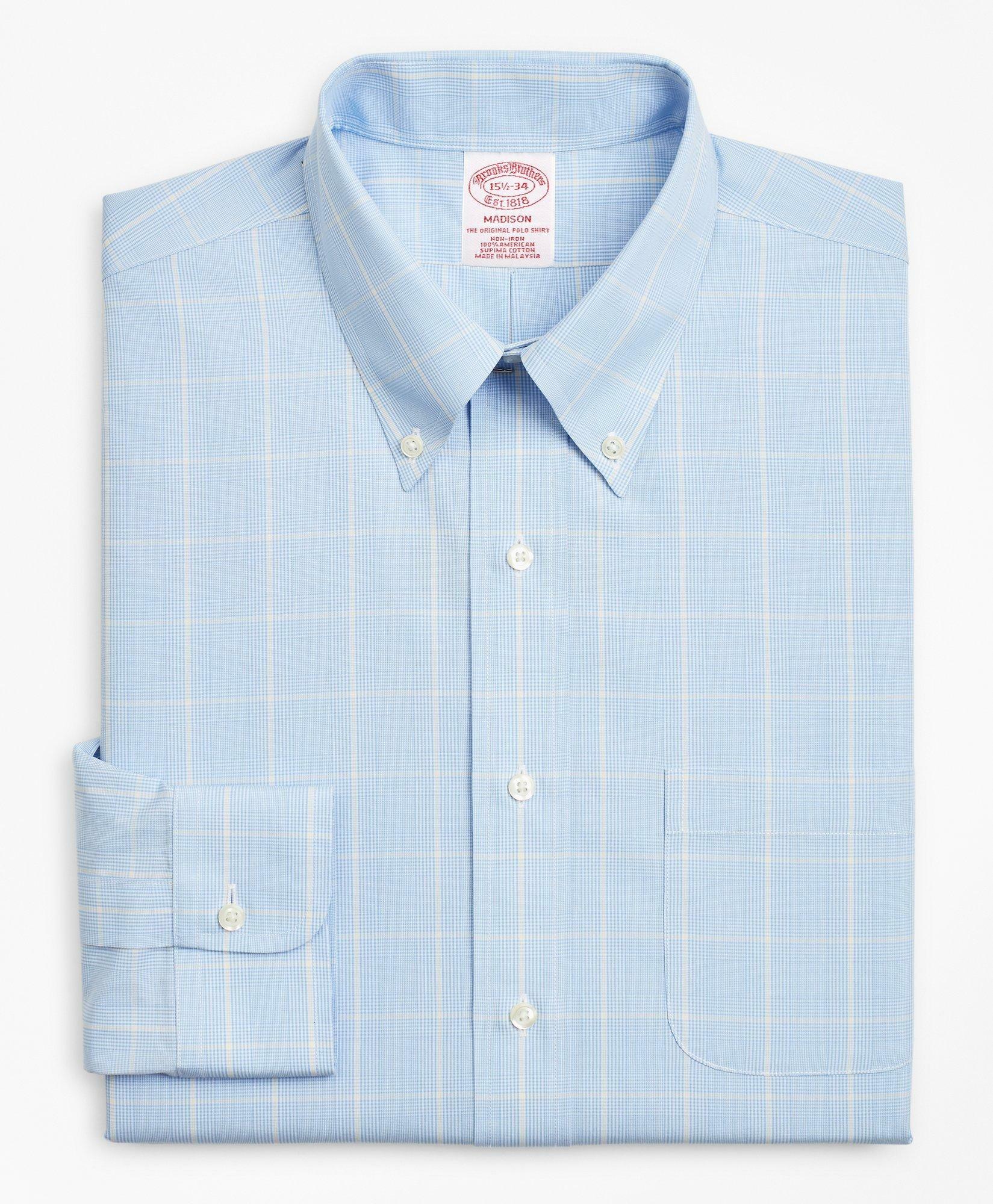 Brooks Brothers Men's Madison Relaxed-Fit Dress Shirt, Non-Iron Glen Plaid | Blue