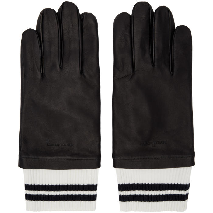 Maison KitsunÃ© Black Leather Ribbed Gloves Maison Kitsune