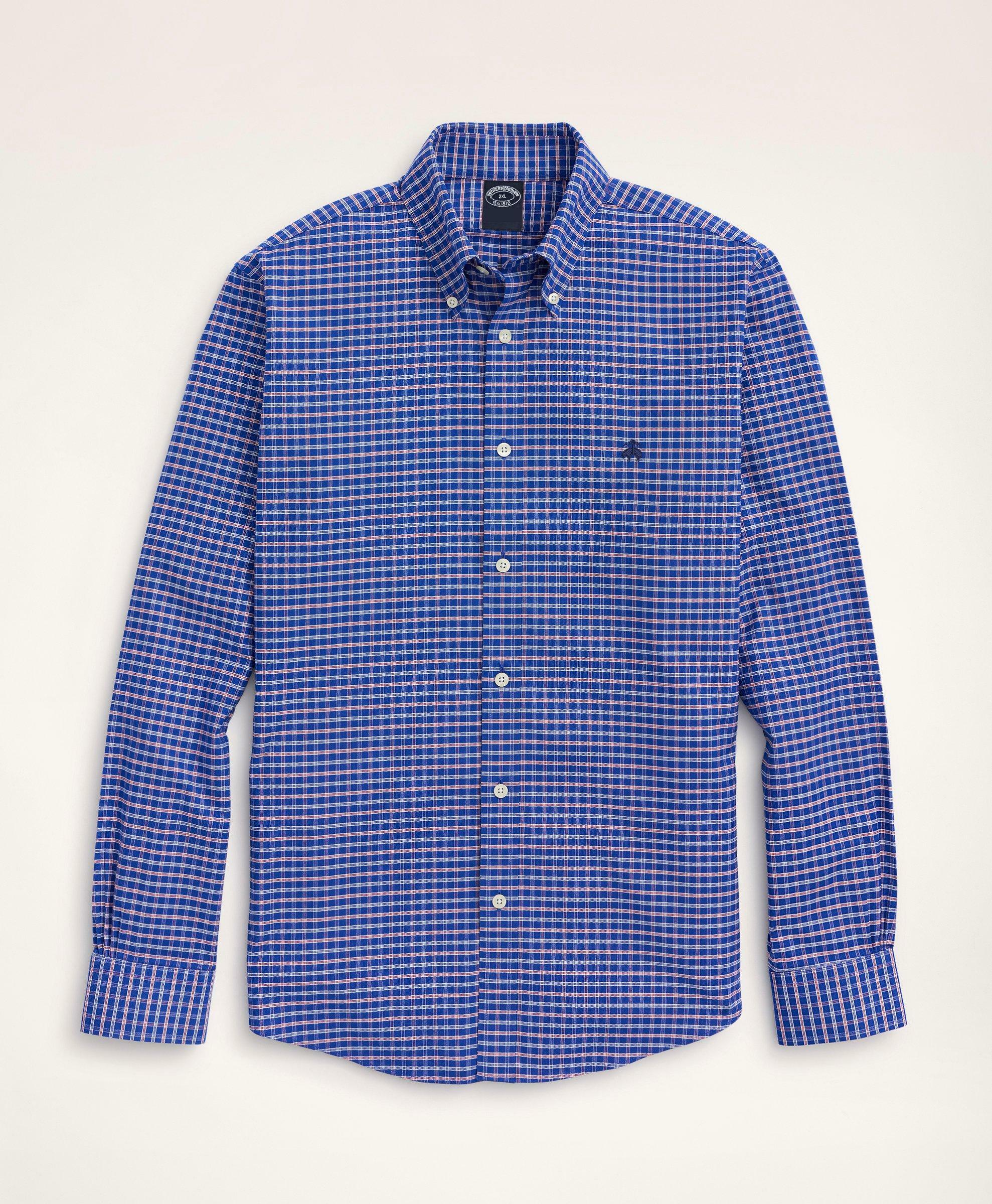 Brooks Brothers Men's Big & Tall Sport Shirt, Non-Iron Oxford Button-Down Collar Ground Check | Bright Blue