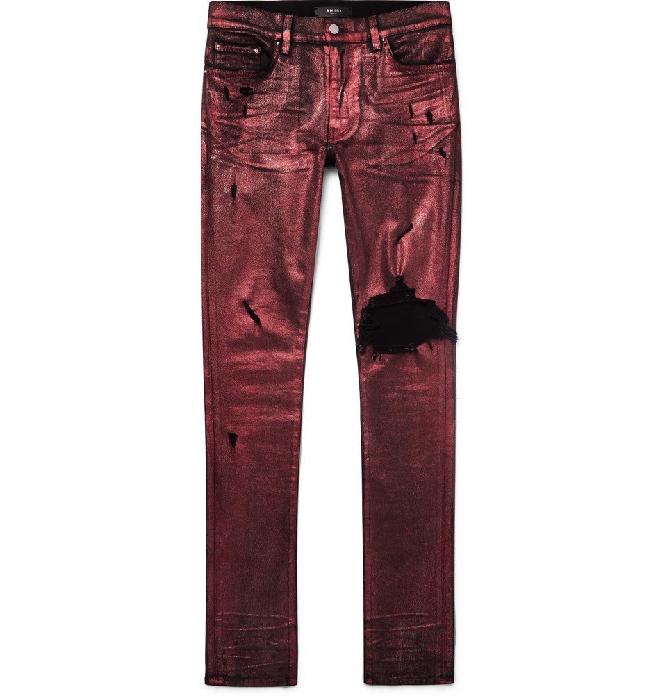 distressed red jeans