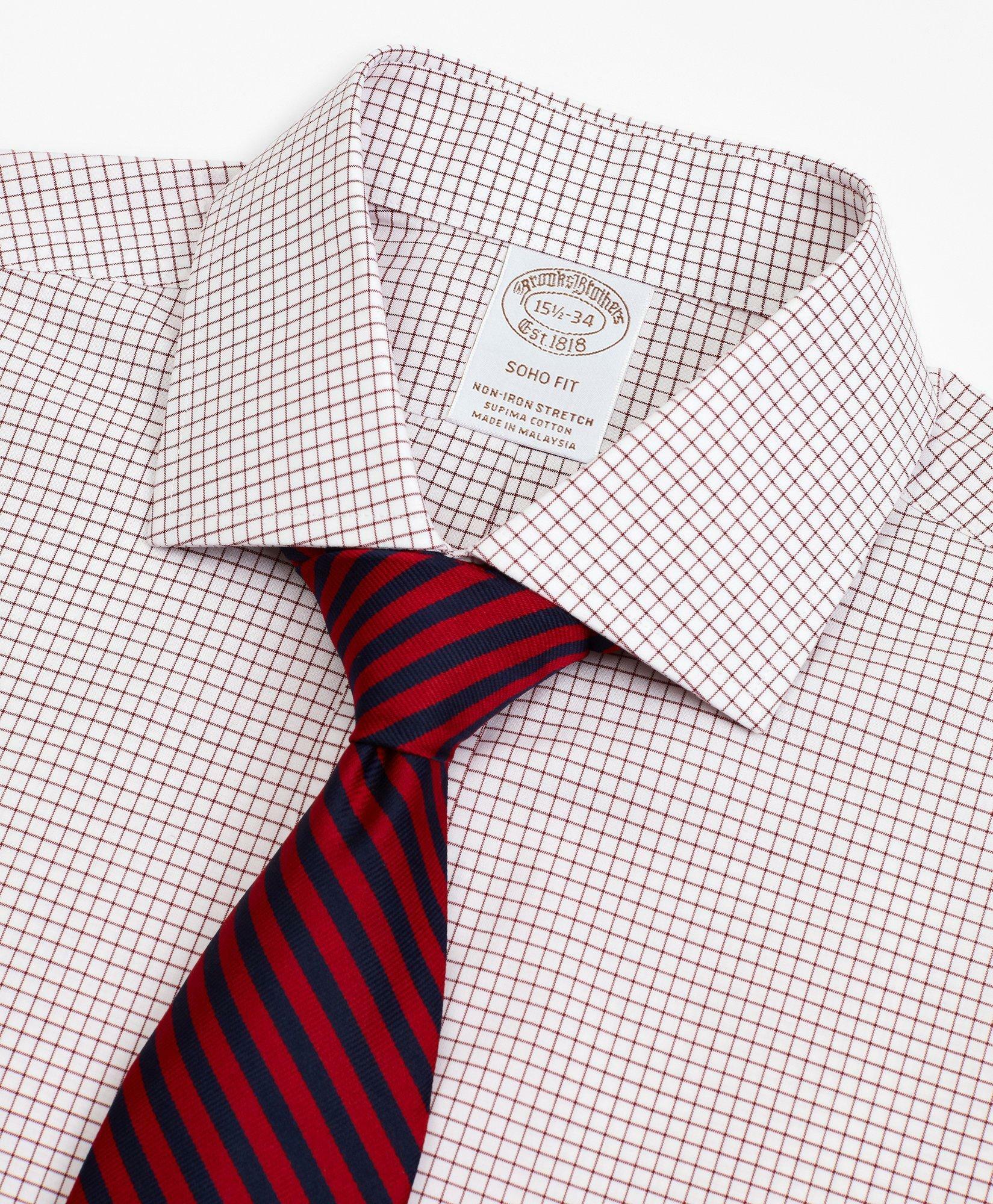 Brooks Brothers Men's Stretch Soho Extra-Slim-Fit Dress Shirt, Non-Iron Poplin English Collar Small Grid Check | Red